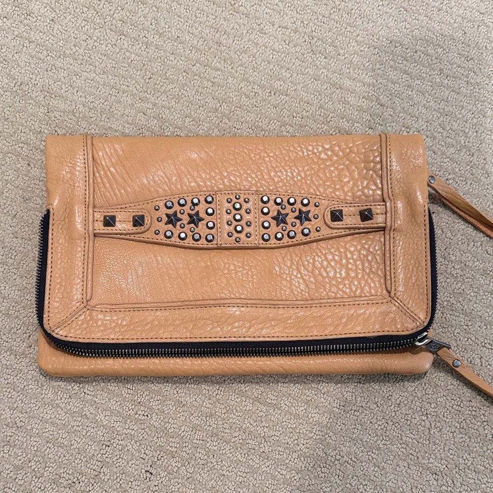 Ash Tan Leather Clutch with Stud Accents